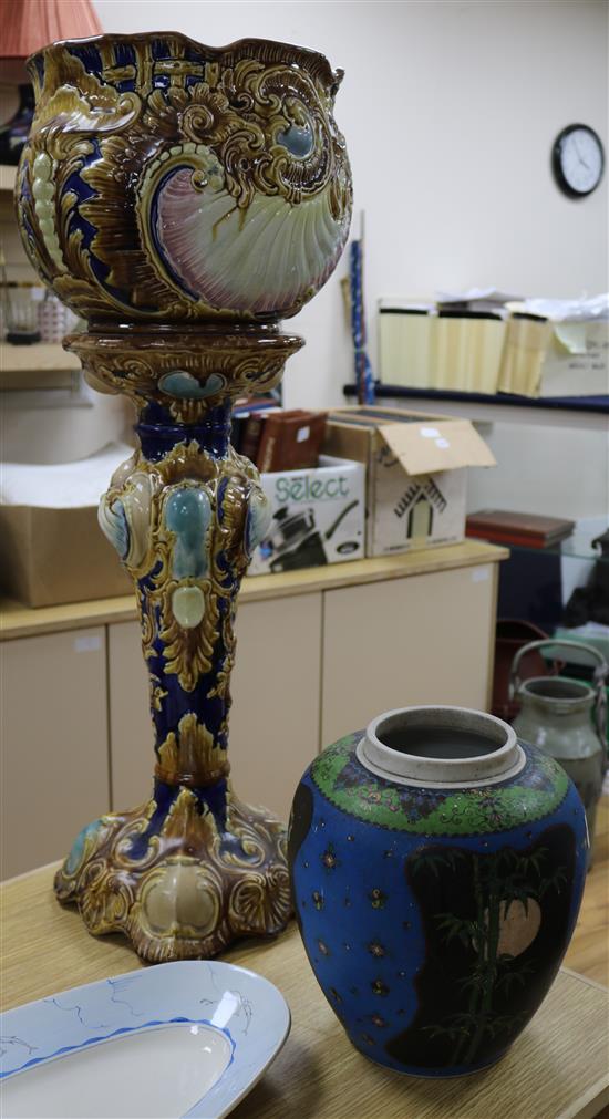 A jardiniere and stand and a ceramic cloisonne jar jardiniere overall 82cm